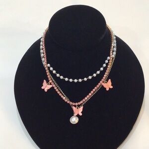 Two dainty kid’s necklaces butterfly faux pearl EUC